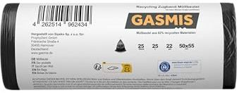GASMIS Müllbeutel mit Zugband 25L – 1 x 25 Stück | Recycling Abfallsäcke 20 µm, reißfest & kompakt | Mülltüten für Haushalt, Bad & Büro | 1 Rolle