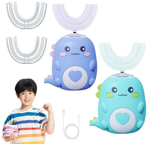 Elektrische U-FöRmige KinderzahnbüRste, Elektrische ZahnbüRste Kinder, Automatische ZahnbüRste 360, Usb-Ladung, FüR 2-6 & 6-12 Jahre ZahnbüRste Baby (Blau/Grün+2 Ersatzkopf,2–6 Jahre)