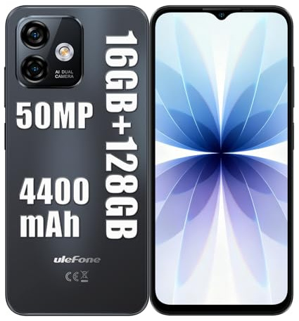 Telephone Portable 16(8+8Go) +128Go, 50MP+8MP Smartphone Pas Cher, Octa Core Android Smartphone Débloqué Batterie 4400mAh, 6.52 HD+ Téléphone 4G Dual SIM OTG/Face ID/Fingerprint/3.5mm Jack Noir