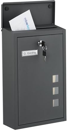 Relaxdays Briefkasten mit Sichtfenstern, HxBxT: 40 x 25 x 11,5 cm, Eisen, 4 Schlüssel, Postkasten Hochformat, anthrazit