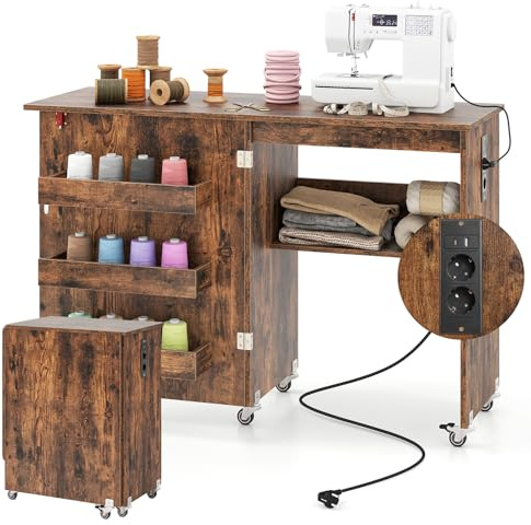 RELAX4LIFE 2 in 1 Nähtisch, Nähmaschinenschrank klappbar mit Ladestation, Nähschrank aus Holz mit Regalen, Nähmaschinentisch auf Rollen für Wohnzimmer & Schlafzimmer & Arbeitszimmer (Kaffee)
