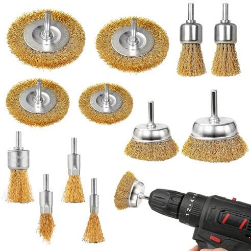 Set 12 Pezzi Spazzole per Trapano – Spazzola per Trapano in Ottone e Spazzola Acciaio, Sverniciatore Metallo e Sverniciatore Ferro, Rimuove Ruggine, Vernice e Incrostazioni, Attacco 1/4