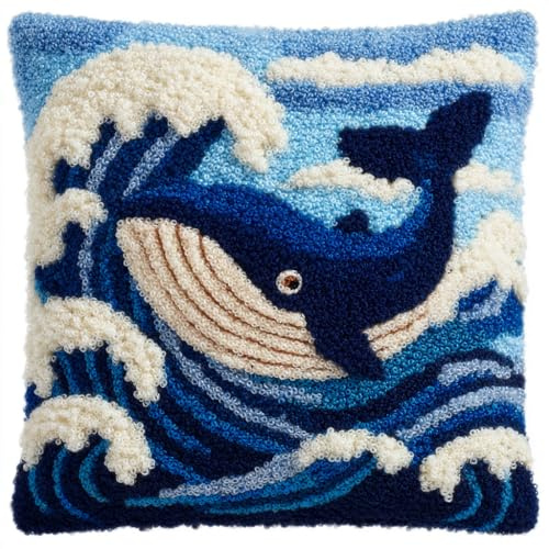 AMBATTERY Kit Coussin au Point Noué, animal baleine Tapis Point Noué,Kits de Crochet de Verrouillage for Adultes Débutants Bricolage,43x43cm