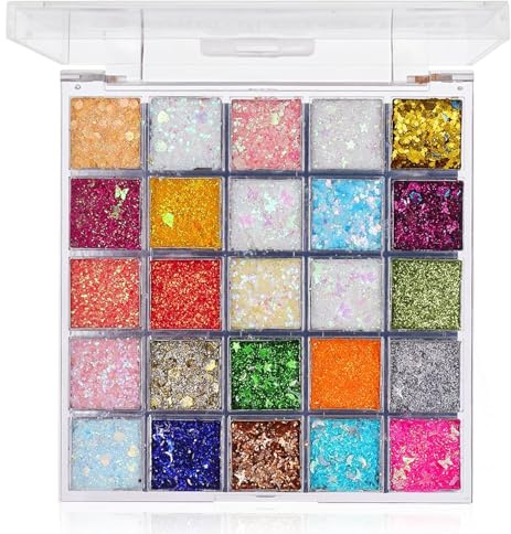 Palette Glitter Occhi 25 Colori Brillantini Viso e Corpo, Glitter Gel per Trucco Festa, Carnevale e Halloween, Brillantini per Capelli e Makeup, Set di Paillettes Fluorescenti