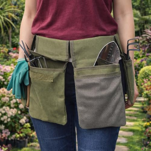 Gardening Tool Belt Bag - Canvas Waist Tool Apron Organizer Hanging Pouch with 4 Pockets for Gardeners Picking Fruit Weeding, Waterproof, 1 Pcs (Green)