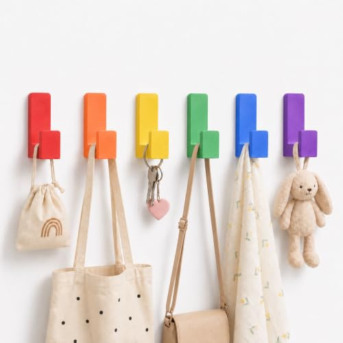 Generisch Kleiderhaken Kinder 6er Set Regenbogen – Kindergarderobe Haken selbstklebend aus Holz, Wandhaken für Kinderzimmer, Garderobenhaken für Jacken, Rucksack, Tasche & Kleidung