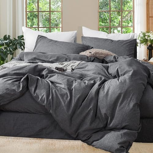MOOMEE Bedding Duvet Cover Set 100% Washed Cotton Linen Like Textured Breathable Durable Soft Comfy (Dark Grey, Queen)