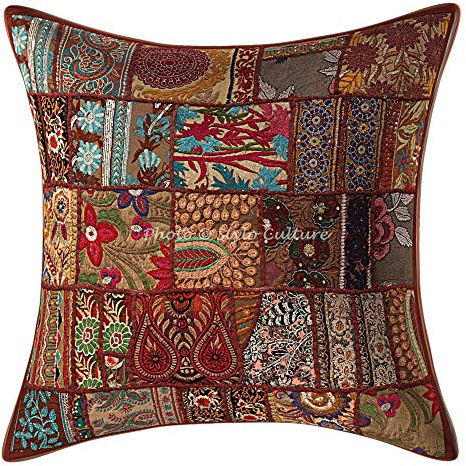 Stylo Culture Boho Fundas De Almohadones Decorativa 60x60 cm Algodón Abstracto Forros para Cojines Sofa Marrón 24x24 Inch Patchwork Vintage Cuadrado sobre Funda Cojin Silla - 1 Pc