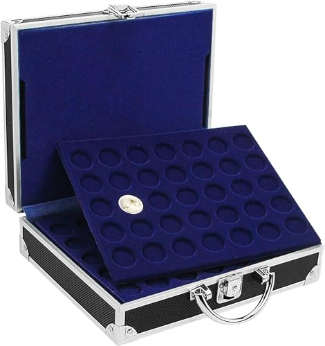 SAFE 9817 ALU Münzkoffer schwarz | inkl. 6 königsblaue Tableaus für 180 Münzen in Kapseln 32 mm | Ideal für 2 Euro Münzen in Münzkapseln | 21 x 7,8 x 25,6 cm