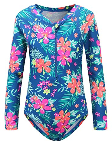 Moon Tree Mädchen Einteiliger Badeanzug Langarm-Surfanzug Hawaiian Badeanzug Strand Blau 140/9-10 Jahre