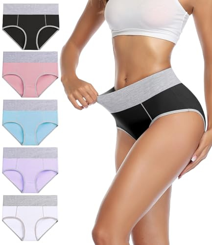 wirarpa Women's Cotton Underwear High Waist Stretch Briefs Soft Underpants Ladies Full Coverage Panties 5 Pack Black Pink Light Blue Light Purple White 4X-Large