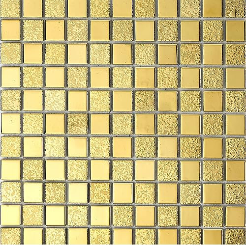 Hominter Gold Mosaic Tile for Kitchen Backsplash, Glossy Textured Ceramic Wall Tiles, Waterproof Bathroom Shower and Fireplace Accent Wall Decor, 10 Square Feet