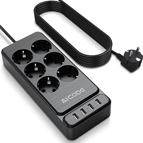 AICODE 6-Fach Steckdosenleiste mit 4 USB, Steckdosenleiste mit Schalter und Überspannungsschutz, Steckdosenleiste Wandmontage 2m Verlängerungskabel, 10A, 2500W, Schwarz