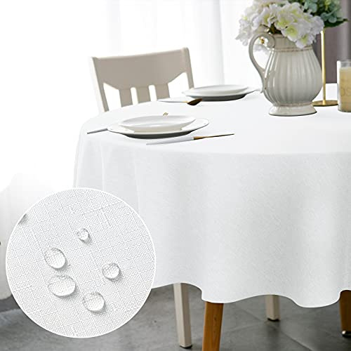 WELTRXE Tischdecke, Minimalart Tischtuch aus Polyester mit Lotuseffekt, 150cm Leinenimitation Wasserabweisend Abwaschbar Tisch Decke, Rund Weiß Tischwäsche für Esstisch Zuhause Hochzeit Festival