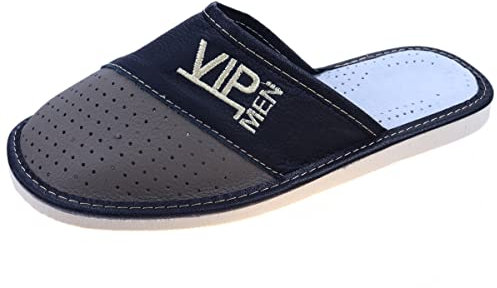 APREGGIO Herrtofflor av läder handgjorda sandaletter stängda tofflor pojkar tofflor mjuka bekväma att bära fast sula, Vip grå, 44 EU