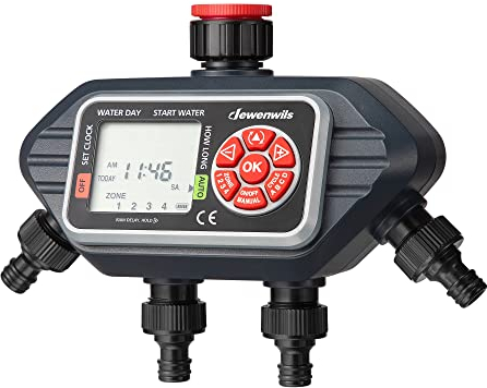 DEWENWILS Bewässerungscomputer 4 Ausgänge, 4 Bewässerungsprogramme für jede Zone, Garten Bewässerungsuhr, Automatische Bewässerung Zeitschaltuhr mit Regenverzögertem/Manuellem/Automatischem Modus