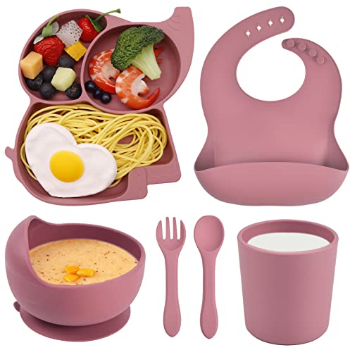 Domueay Baby Geschirrset 6 Stücke Silikon Kindergeschirr Set mit Saugnapf Kinderteller Schüssel mit Lätzchen Tasse Löffel Gabel Rutschfest Baby Essen Set BPA Freie Babygeschirr Dunkelrosa Elefant