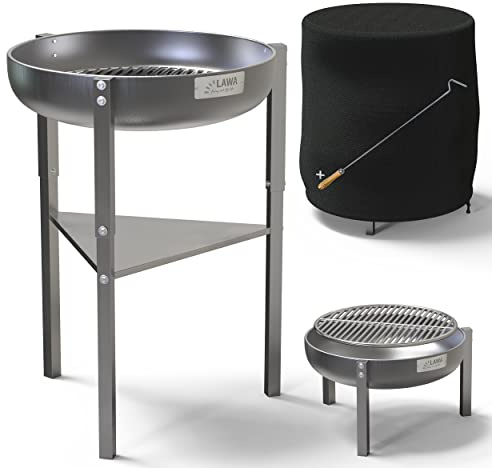 Set di braciere in acciaio inox 304/V2A, 60 cm con 3 altezze + copertura + griglia per fuoco + gancio per braciere da esterni