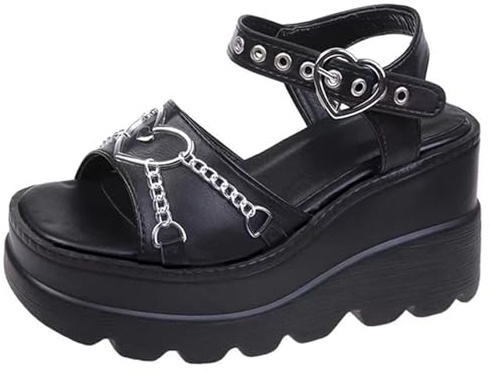 Ulalaza Kvinnor plattform Mary Jane kil fladdermus hjärta kedja sandaler öppen tå ankel gotisk Lolita plattform klänning pumps skor tjocka plattformsskor patentläder finskor, Bh, 37.5 EU