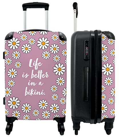 NoBoringSuitcases.com® Grand Valise - Citation - Fleurs - Rose - La Vie est Plus Belle en Bikini - Bagage léger - 4 Roues - 90 litres - Valise de Voyage - 66 cm
