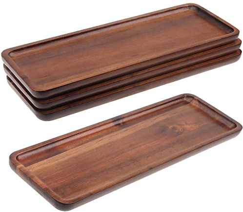 SEUNMUK 4 PCS Rectangle Wooden Serving Tray, 29 x 10.8 CM with Raised Edge, for Kitchen, Coffee Shop and Restaurant