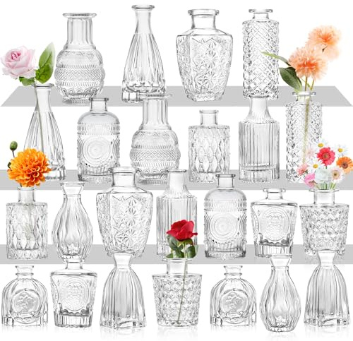 Glasknoppvas set med 24 – små vaser för blommor, klara knoppvaser i bulk, för bordsuppsatser, mini vintage vas för bröllop hem bordsdekor (24 st)