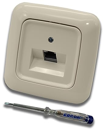 Busch Jäger, Rutenbeck Unterputz Netzwerkdose Ethernet 10 Gigabit/S (10GbE) KAT6A 6A - 1x RJ45 Anschluss in DURO2000 cremeweiß Rahmen und UAE Abdeckung inkl. EBROM Phasenprüfer zur Montage des Geräts