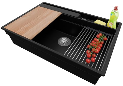 PRIMAGRAN Evier Cuisine en Granit au Meuble 80cm + Kit de Vidage, 78x53cm | Set: Kit de Vidage (Siphon, bonde d’évacuation, trop-plein) + Lavabo 1 Bac - Oslo, Noir