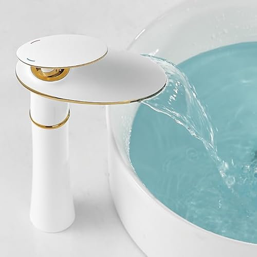 ZYCDP Wasserhahn Bad Wasserfall Waschtischarmatur Weiß Gold Mischbatterie Waschbecken Einhebel Waschtischarmatur Heiß und Kalt Mischbatterie, Hoch
