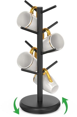 Bambang Bamboo Coffee Mug Tree - Rotating Counter Top Mug Holder with 8 Hooks, Black