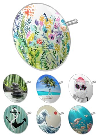 arteneur Badewannenstöpsel Universal mit Motiv Bunte Blumen | Dreifach-Dichtung, rostfreier Edelstahl, höhenverstellbar 45-78 mm, für Siphons 40-50 mm, extra schwer für stabilen Halt