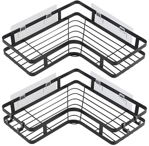 Salubohum 2 Stücke Duschablage Ecke, Duschablage Ohne Bohren, Selbstklebender Eckregal Badezimmer Organizer, mit 4 Klebepads und 4 Haken, geeignet für Bad, Küche und Balkon (schwarz)