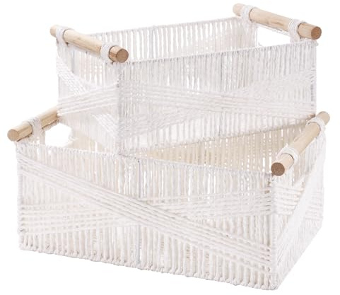 Aufbewahrungskorb Geflochten mit Griff, 2er Set Rattankorb aus Gewebtem, Regalkörbe Handgewebt, Deko Aufbewahrungsbox, Arbeitsplatte Regal Schrank Organizer, Weiß