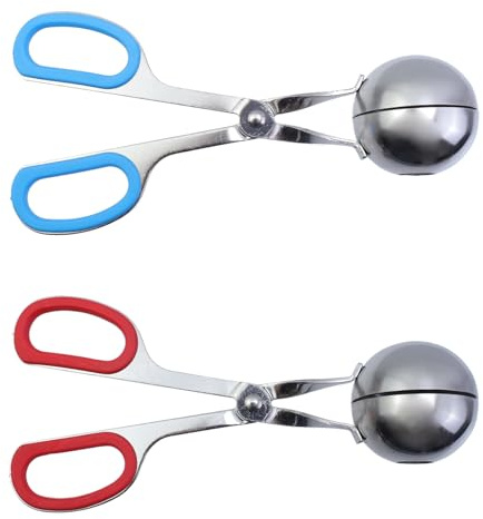Pastlla 2 pinzas para hacer albóndigas antiadherentes de acero inoxidable para hacer bolas de carne, cucharas de hielo para carne, pasteles, helados, frutas, masa de galletas, melón, rojo y azul