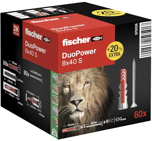 fischer DuoPower Dübel aus Zwei Materialien und verschiedenen Materialien, 8 x 40 cm, mit Schrauben + 20% zusätzlicher Inhalt, 60 Stück