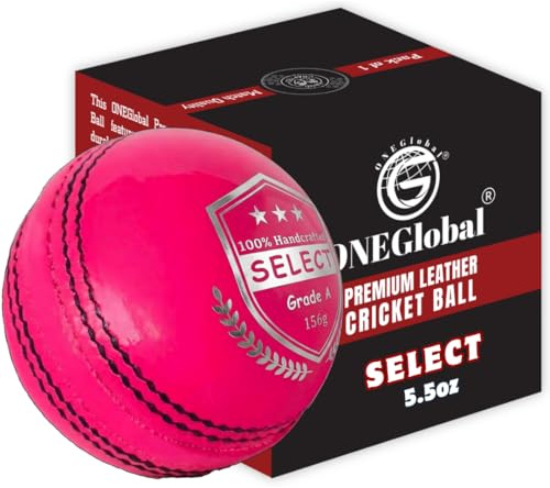 ONEGlobal Select Leather Cricket Ball for Match, Practice & Training | Senior 5.5oz & Junior 4.75oz Genuine Leather Hard Cricket Balls in Red, White, Pink or Red&White (1-PINK, Senior)
