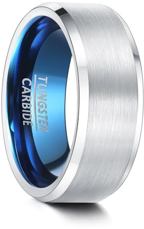 083BASE Unisex Wolfram Ring Schwarz/Silberblau, 4mm/6mm/8mm Breite, Gebürstetes Metall-Design, Schräge Kanten, Damen/Herren Schmuck in Verschiedenen Größen