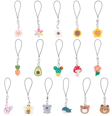 HOBBIESAY 16 estilo Lindo de Resina para Teléfono, Correa de 8.5-9cm con Forma de Oso, Conejo, Koala, Hongo, Abeja, Flor, Colgante de Flor de Animal Kawaii para Llavero