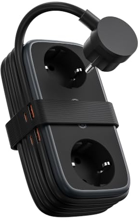NTONPOWER 2 Fach Steckdosenleiste mit USB-C 65W PD, Flachstecker Mehrfachsteckdose USB Schnellladen für Reise, Zuhause, Büro, 2500 Watt Verteilersteckdose 1,5 Meter, Schwarz