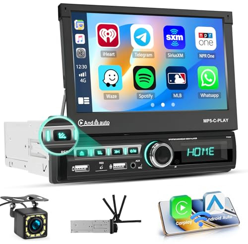 Fuluku 1 Din Stereo Bil med Trådlös Carplay Android Auto, HD pekskärm 1 Din Stereo Bil med Bluetooth FM SWC EQ Spegellänk MIC Backup-kamera