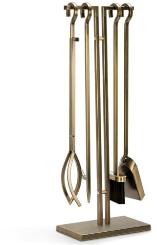 FEED GARDEN 29 Inch Fireplace Tools Set 5 Pieces Wrought Iron Fire Place Set Tools Indoor Outdoor Fireplace Accessories with Poker, Tongs, Shovel, Brush, Base, Antique Bronze