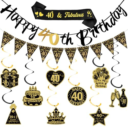 Xietaea 40 Geburtstag Deko Mann Frau - 40. Geburtstagsdeko Happy Birthday Girlande Hängende Wirbel, Schwarz Goldene Schärpe und Wimpel für 40 Jahre Geburtstagsparty Dekoration