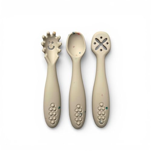 leyla&e Baby Esslernlöffel (3er Set) für eigenständiges Essen | BPA-frei & LFGB-zertifiziert | Spülmaschinenfester Silikonlöffel | Lernlöffel geeignet für BLW (Baby Led Weaning) (Beige Confetti)