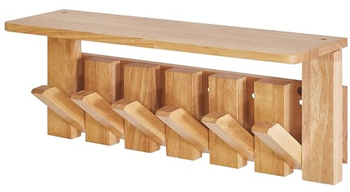 YMYNY Appendiabiti da Parete con Mensola Design, Attaccapanni da Muro in Legno con Ganci Retrattili Moderno per Ingresso, Cameretta e Bagno, Legno Naturale, HWS008N