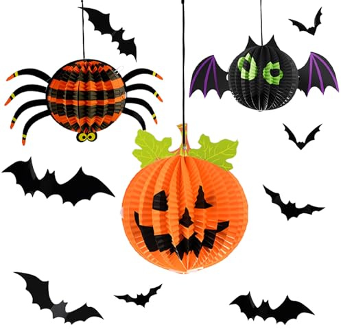 Waldspring Set Lanterna di Carta Halloween & Pipistrelli Adesivi, 3 + 12 Addobbi Halloween, Kit Fai-da-Te per Bambini Decorazioni, Addobbi Halloween Appendere per Casa, Giardino, Finestra e Parete