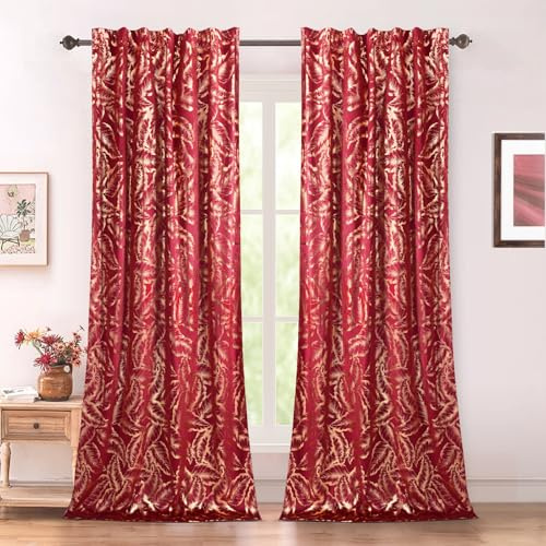PLODAXE Vorhänge Samt mit Blattmotiven Goldfolie Muster, Schöne Samtvorhänge Kräuselband, Blickdicht Gardinen Thermovorhang für Wohnzimmer Schlafzimmer (2er Set H244xB132cm, Weihnachtsrot)