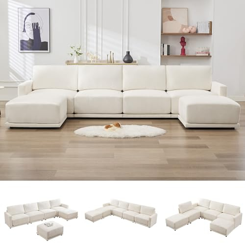 CACFTII 143.8 Modular Sectional Sofa Modern Chenille U Shaped Couch with Thickened Seat Cushions, Easy Assembly, Upholstered 6 Seater Couch with 2 Movable Ottomans for Living Room, White