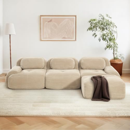 SoarFlash Modernes modulares Sofa, Kordtstoff-Oberfläche, Tiefe Sitzfläche + breite Armlehnen, werkfertig, 3-Sitzer Ecksofa, Beige