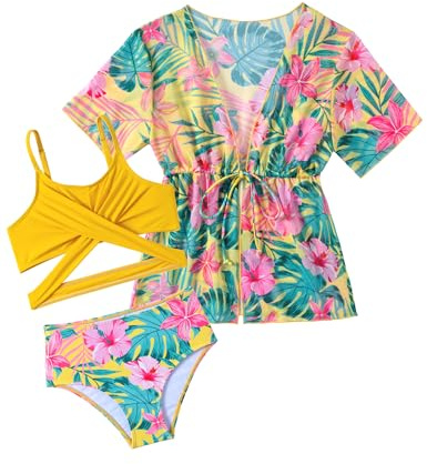 Arshiner Ensemble Bikini pour Filles 3 Pièces Enfants Maillot de Bain d'été avec Paréo Hawaïenne Ensemble Bikini Floral Plage pour 7-8 Ans Jaune & Fleurs
