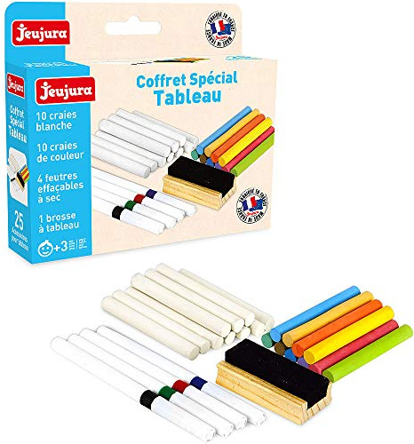 Jeujura - 8978-Tableau en Bois-Coffret Special Tableau : Craies, Feutres, Brosse à Tableau